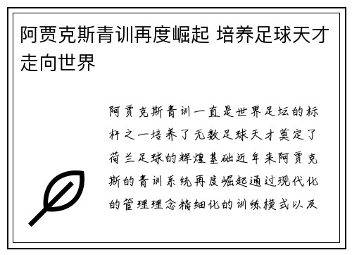 阿贾克斯青训再度崛起 培养足球天才走向世界