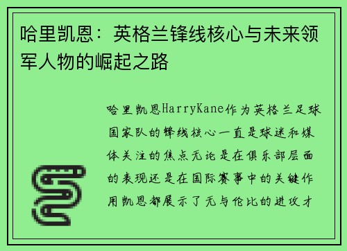 哈里凯恩：英格兰锋线核心与未来领军人物的崛起之路