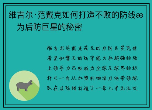 维吉尔·范戴克如何打造不败的防线成为后防巨星的秘密