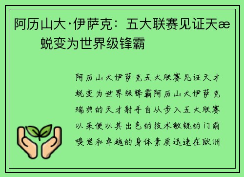 阿历山大·伊萨克：五大联赛见证天才蜕变为世界级锋霸